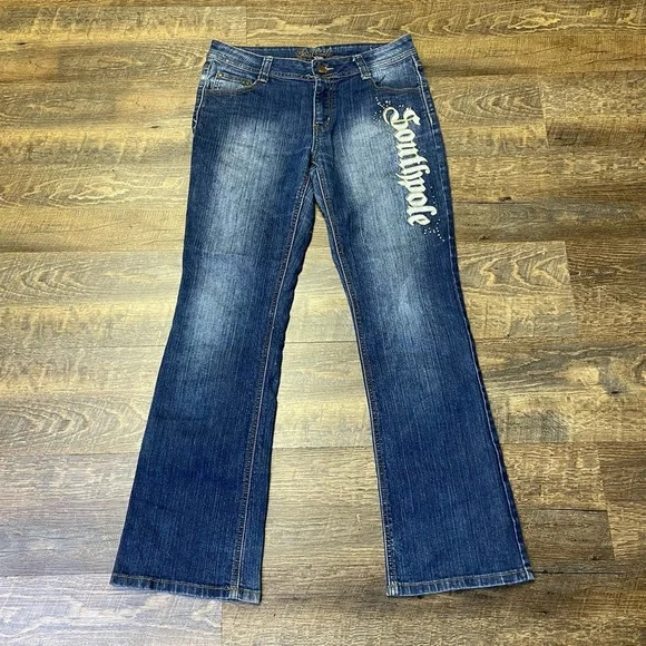 VINTAGE Southpole Jeans Juniors 11 Blue Bootcut Flare Embellished Spellout Y2K - Picture 1 of 12